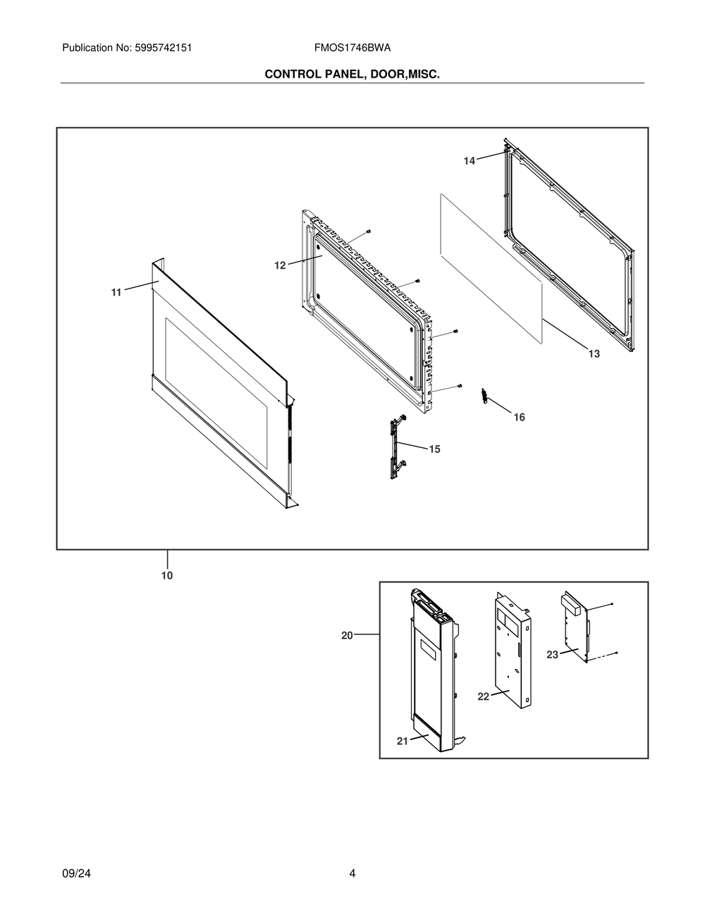 Control Panel, Door, Misc. Diagram and Parts List for FMOS1746BWA  Frigidaire Range