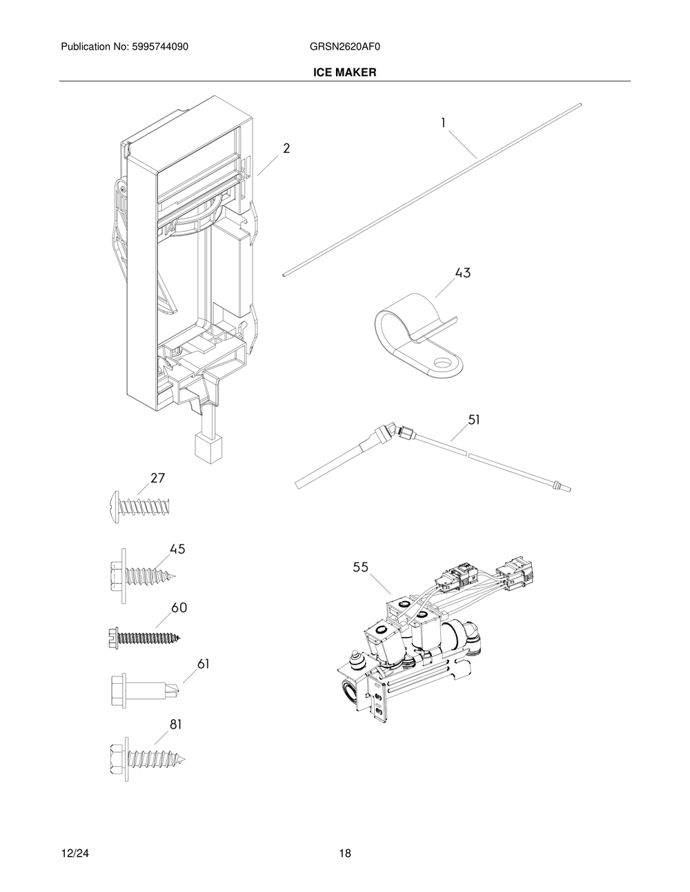 Ice Maker Diagram and Parts List for GRSN2620AF0  Frigidaire Refrigerator