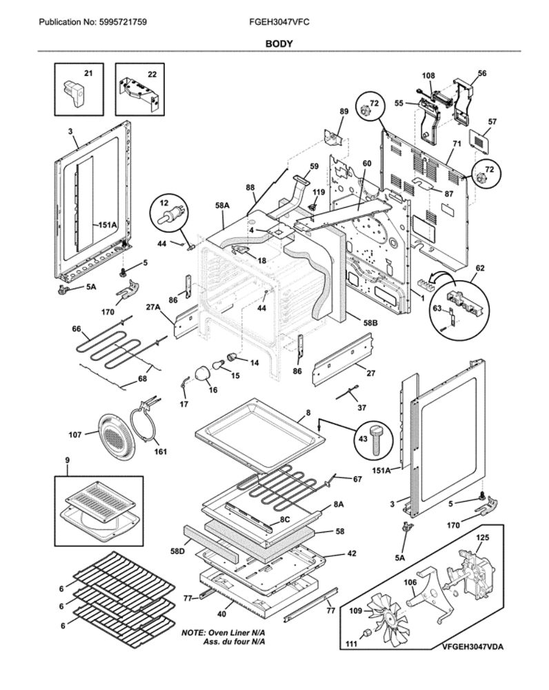 Body Diagram and Parts List for FGEH3047VFC  Frigidaire Range
