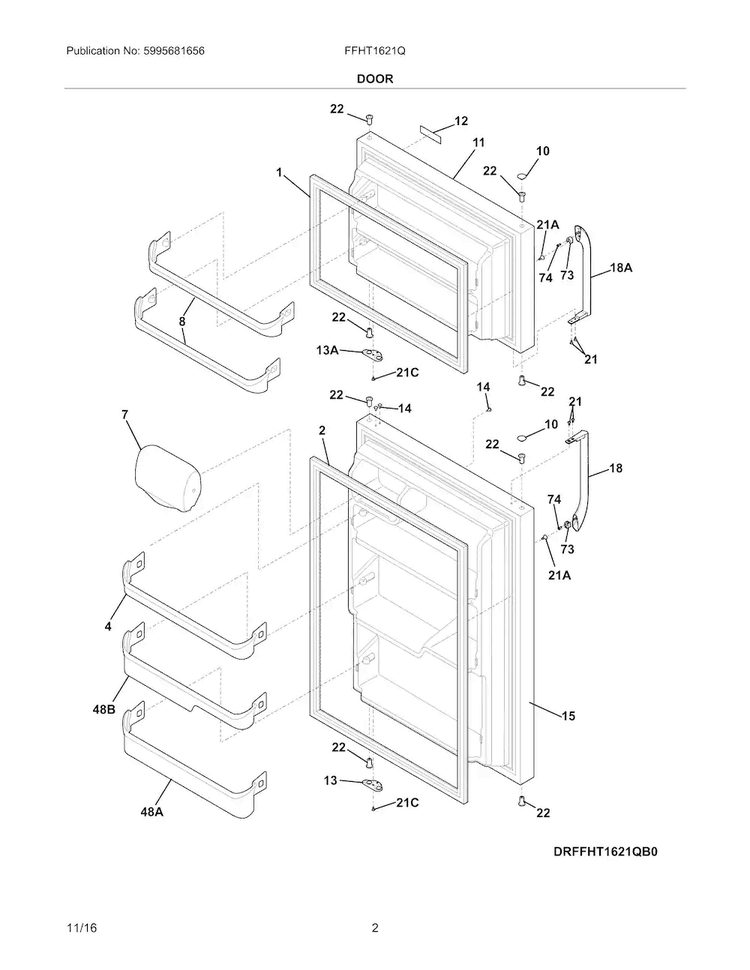 Door Diagram and Parts List for FFHT1621QS4  Frigidaire Refrigerator