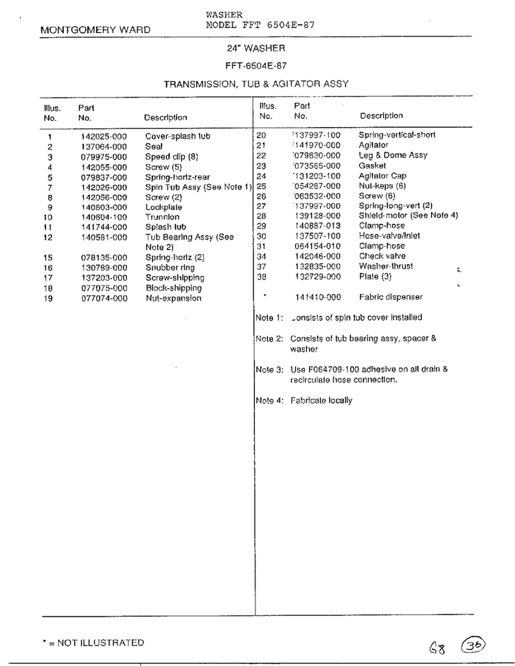 Transmission, Tub, Agitator Page 2 Diagram and Parts List for 6504E-87  Frigidaire Washer