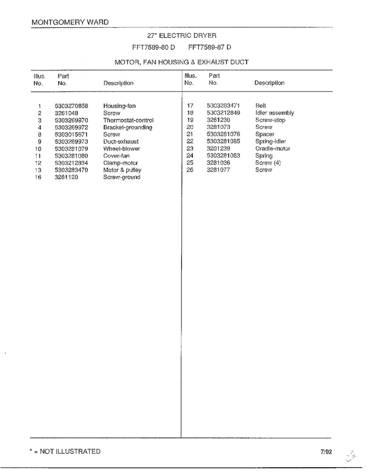 Motor/fan Housing/exhaust Duct Page 2 Diagram and Parts List for 7589-87D  Frigidaire Dryer