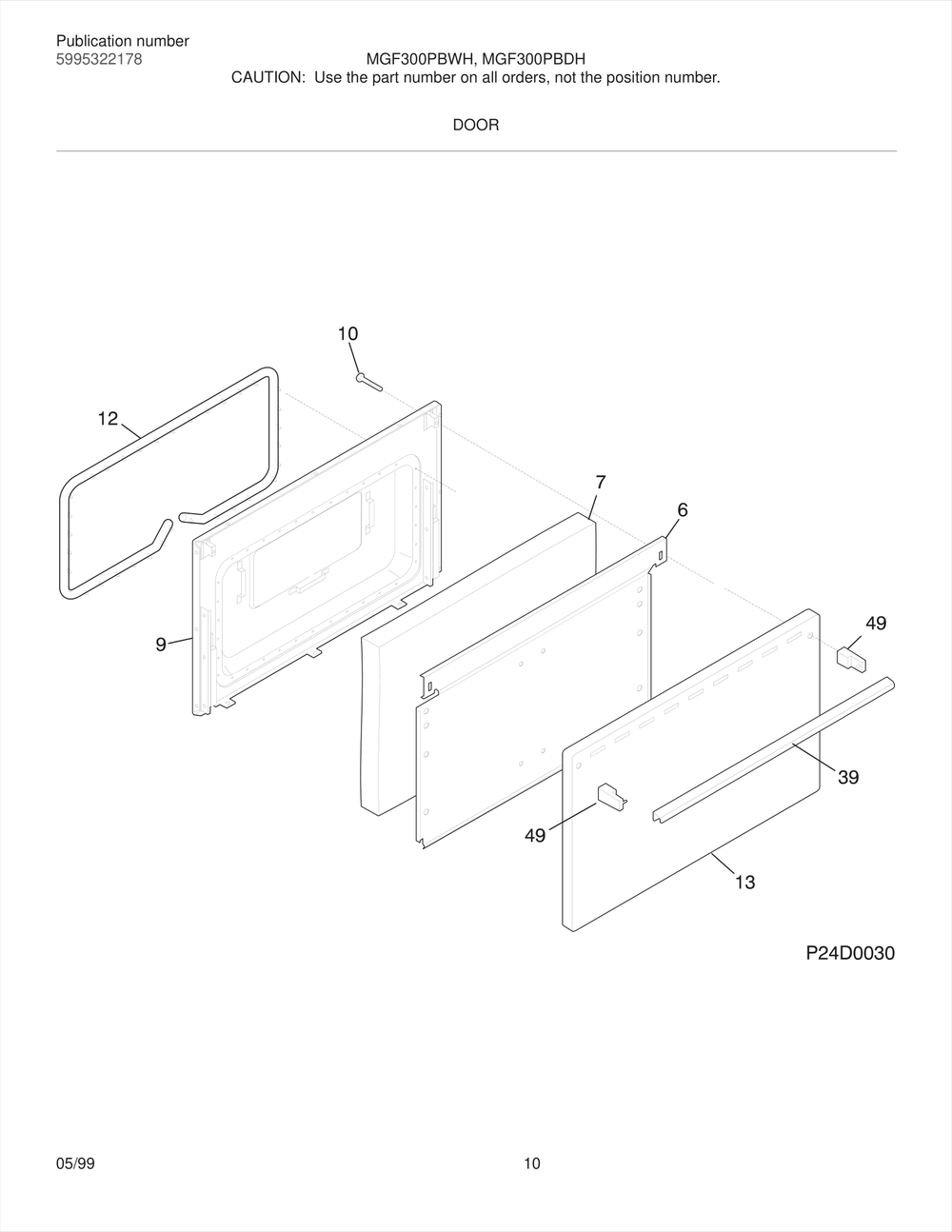 Door Diagram and Parts List for MGF300PBDW  Frigidaire Range