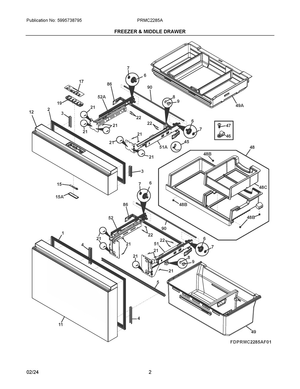 Freezer And Middle Drawer Diagram and Parts List for PRMC2285AF02  Frigidaire Refrigerator