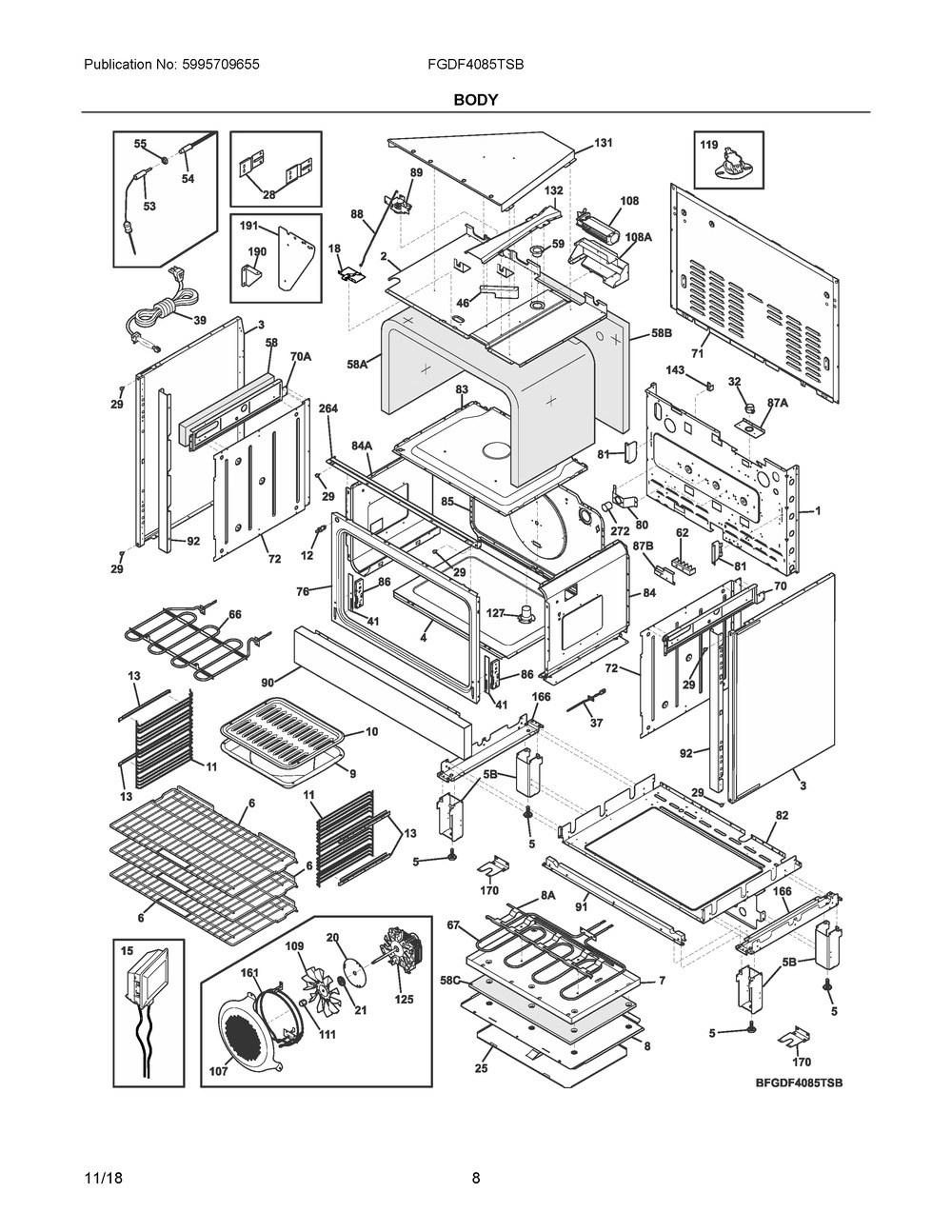 Body Diagram and Parts List for FGDF4085TSB  Frigidaire Range