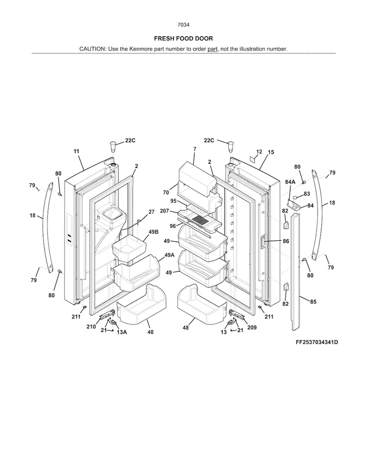 Fresh Food Doors Diagram and Parts List for 2537034241D  Kenmore Refrigerator