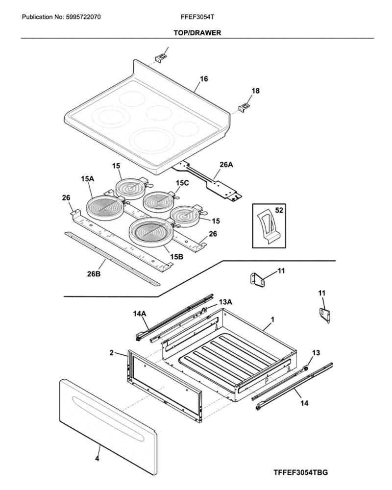Top/Drawer Diagram and Parts List for FFEF3054TWK  Frigidaire Range