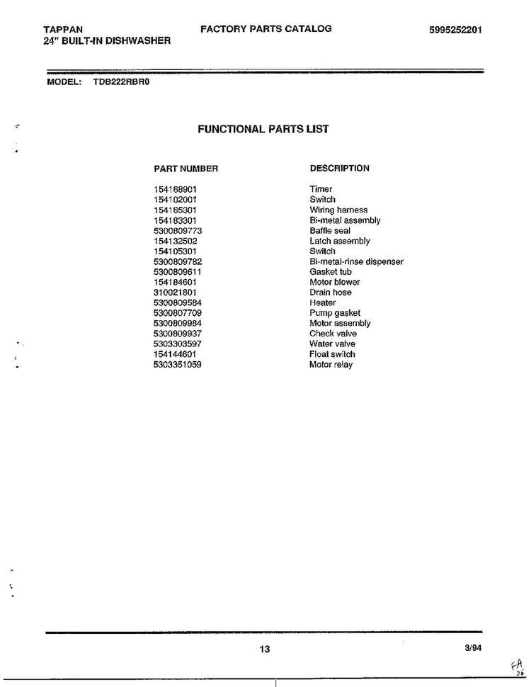 24" Built-in Dishwasher Page 13 Diagram and Parts List for 68-1075  Frigidaire Dishwasher