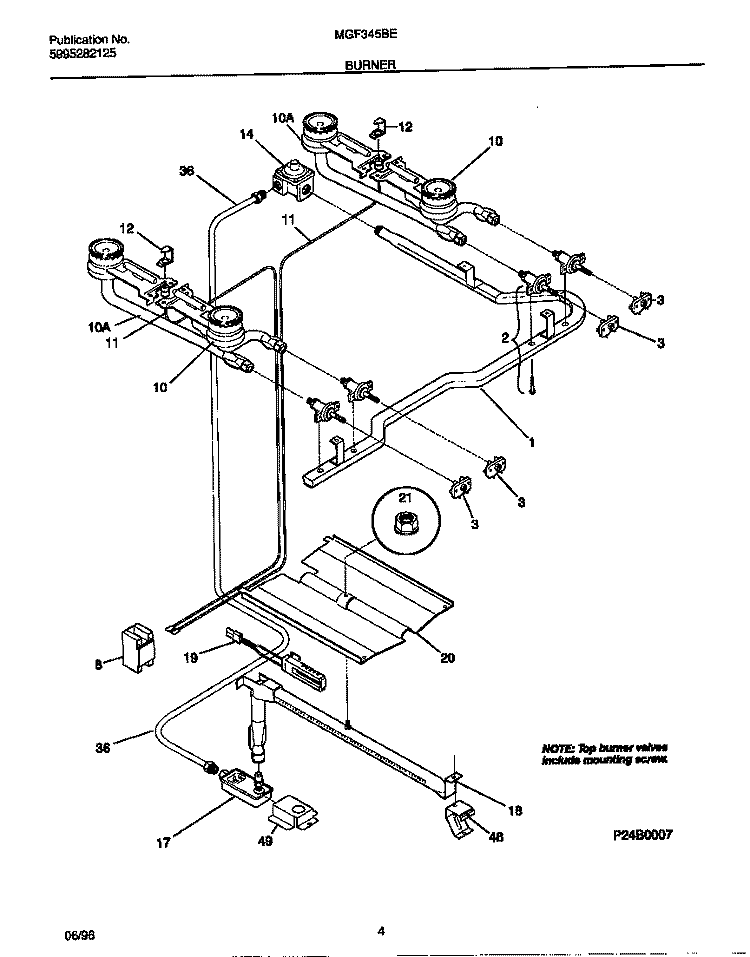 BURNER Diagram and Parts List for MGF345BEWA  Frigidaire Range