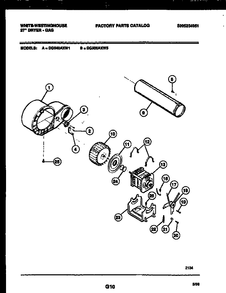 BLOWER AND DRIVE PARTS Diagram and Parts List for DG500AXW5  Frigidaire Dryer