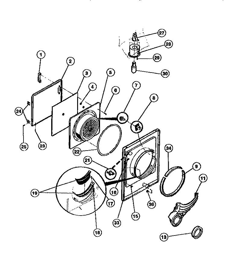 FRONT Diagram and Parts List for F31C336CS0  Frigidaire Dryer