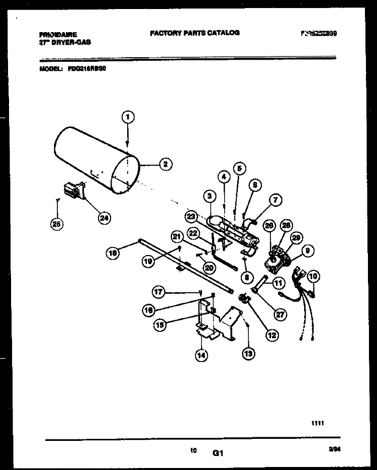 BURNER, IGNITER AND VALVE Diagram and Parts List for FDG216RBS0  Frigidaire Dryer