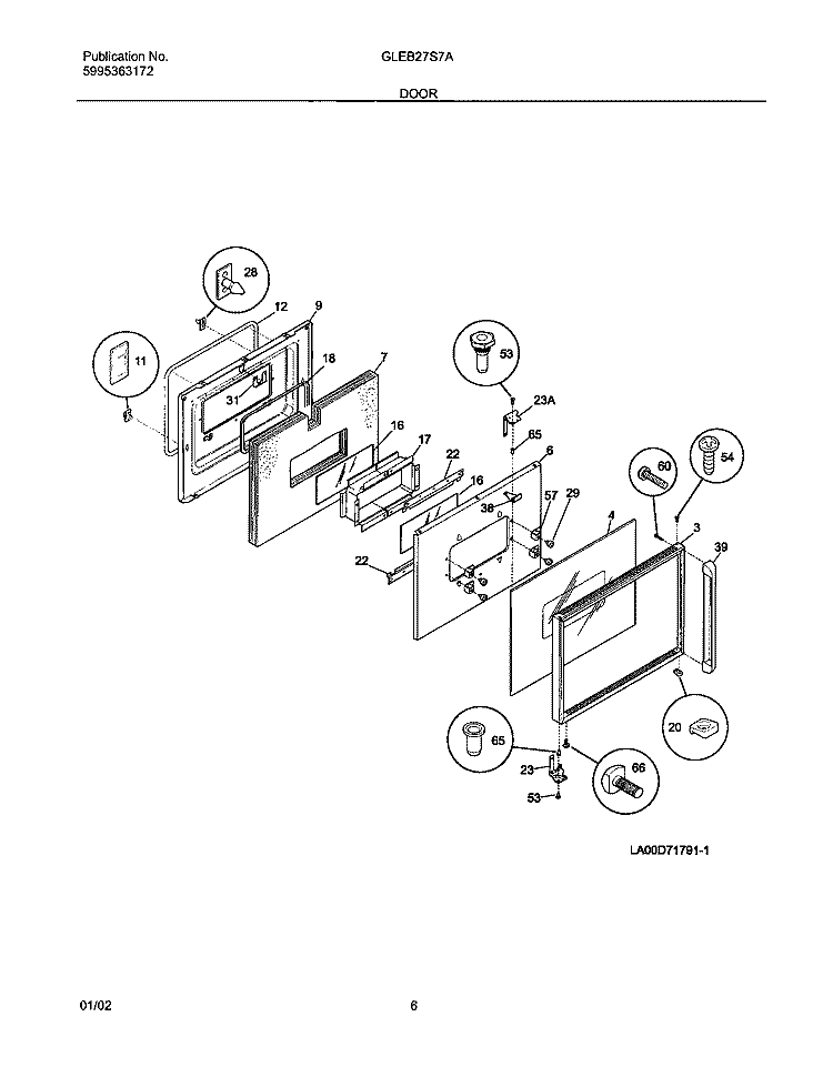 DOOR Diagram and Parts List for GLEB27S7ABA  Frigidaire Wall Oven