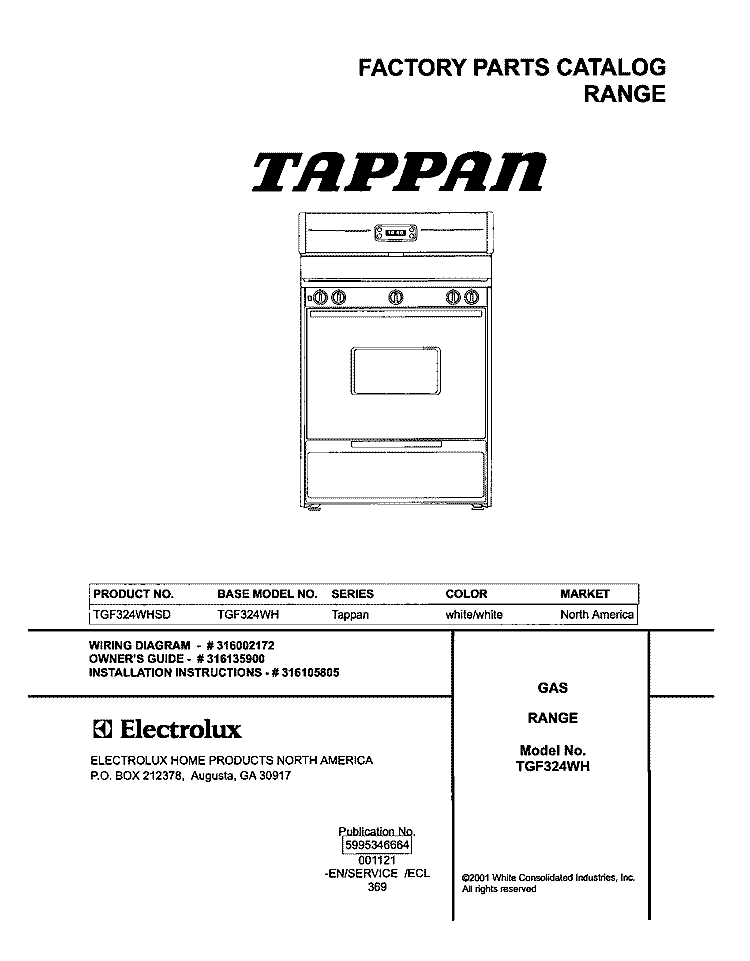 COVER Diagram and Parts List for TGF324WHSD  Tappan Range
