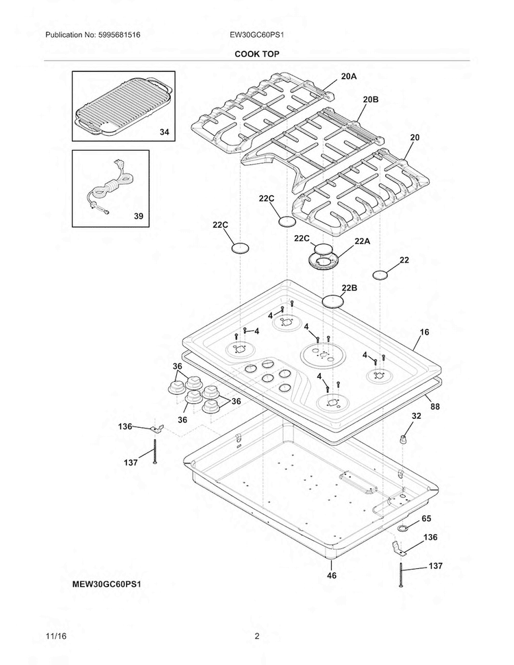 Main Top Diagram and Parts List for EW30GC60PS1  Electrolux Cooktop