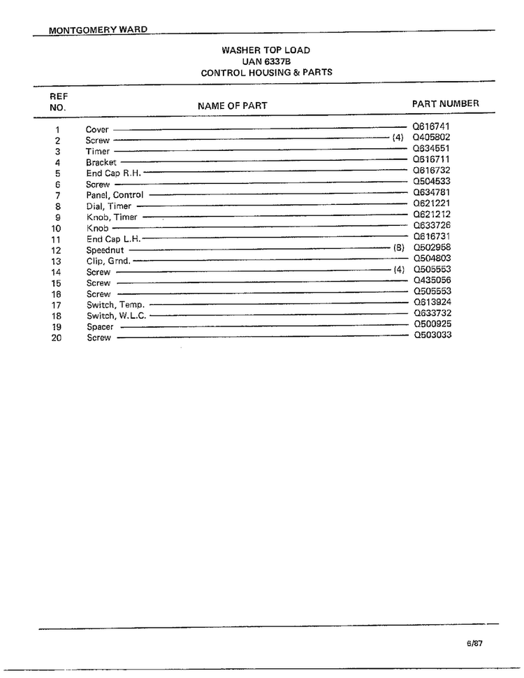 Control Housing And Parts Page 2 Diagram and Parts List for 6337B  Frigidaire Washer