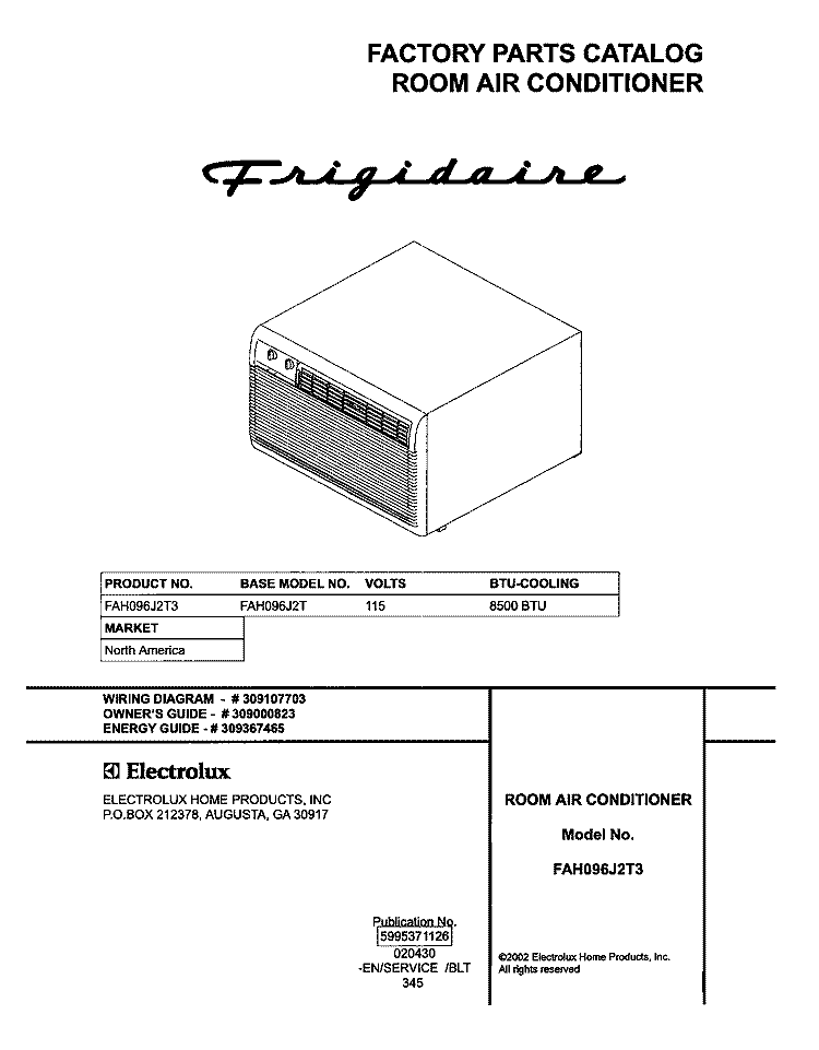 COVER Diagram and Parts List for FAH096J2T3  Frigidaire Air Conditioner