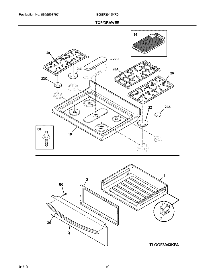 TOP/DRAWER Diagram and Parts List for BGGF3042KFD  Frigidaire Range