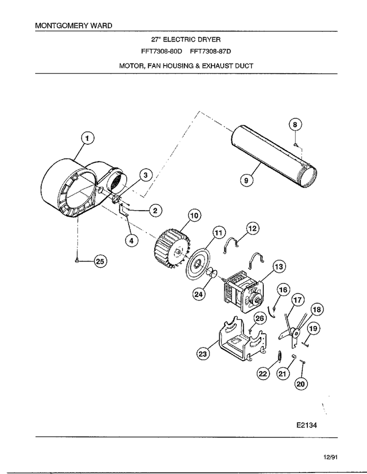 Motor/fan Housing And Exhaust Duct Diagram and Parts List for 7308-87D  Frigidaire Dryer