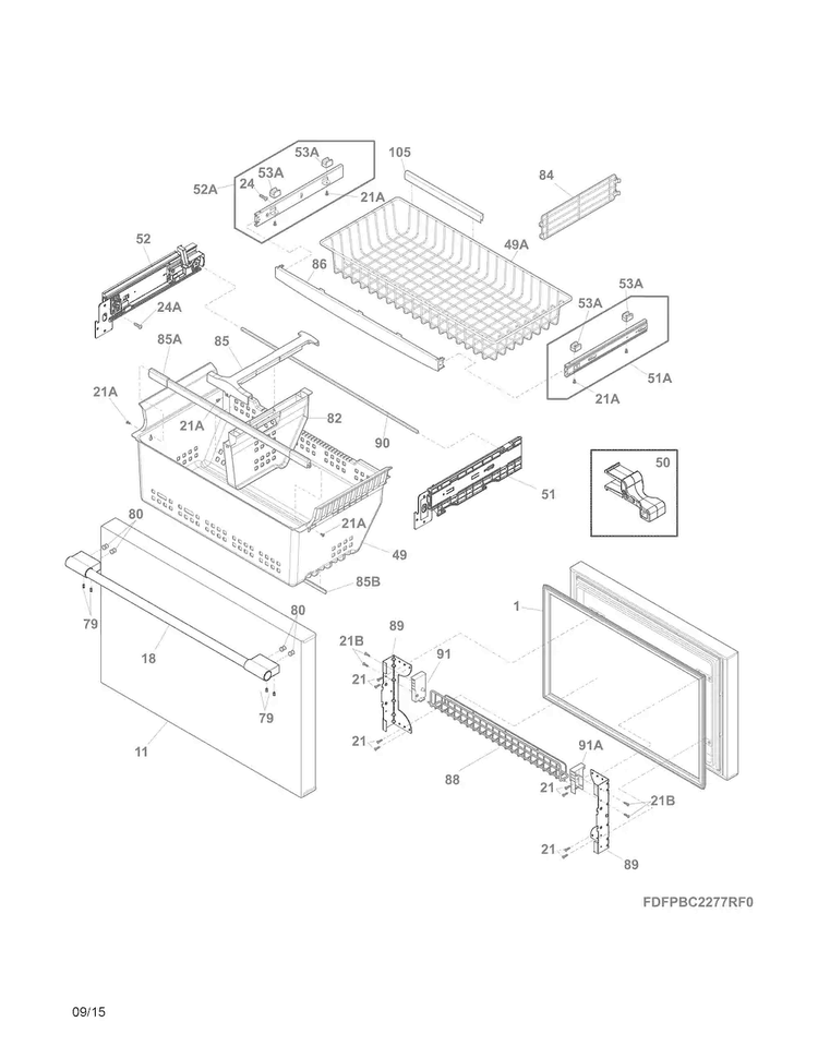 Freezer Drawer, Baskets Diagram and Parts List for FPBC2277RF2  Frigidaire Refrigerator