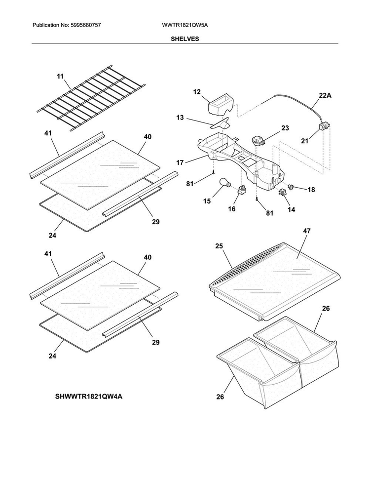 Shelves Diagram and Parts List for WWTR1821QW5A  Westinghouse Refrigerator