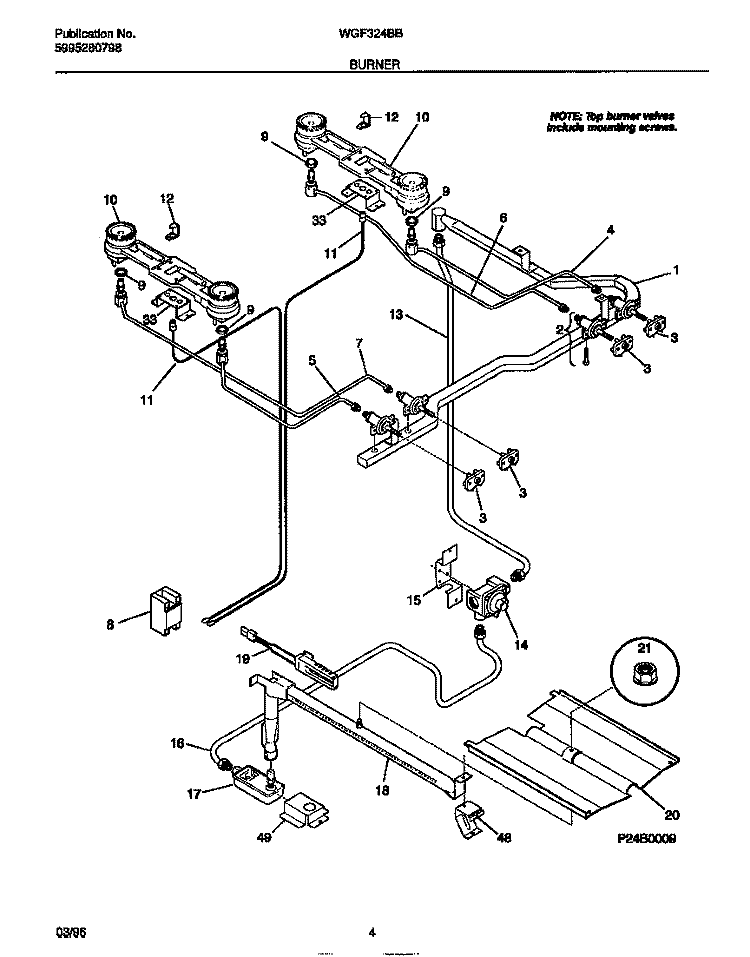 BURNER Diagram and Parts List for WGF324BBDB  Frigidaire Range