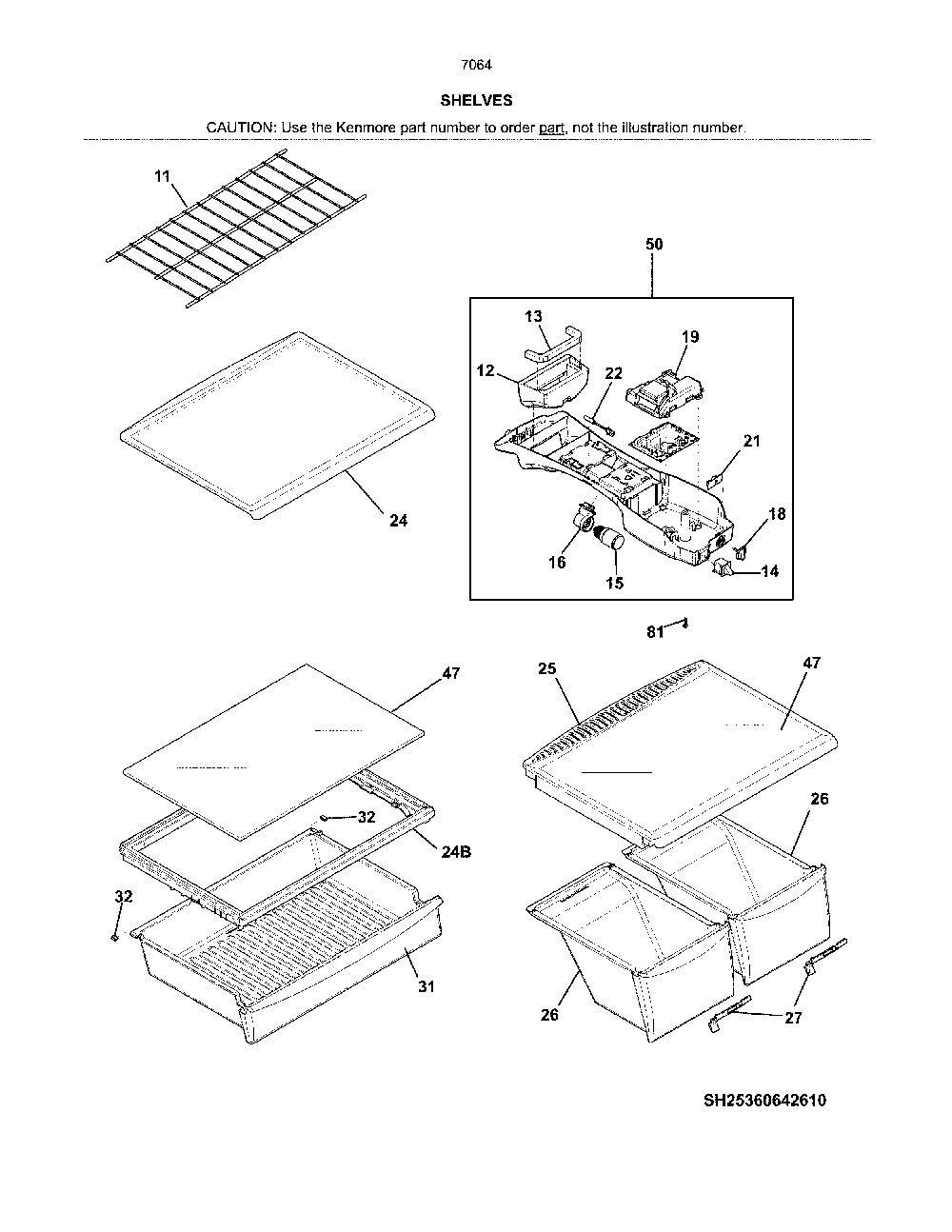 Shelves Diagram and Parts List for 25370649613  Kenmore Refrigerator