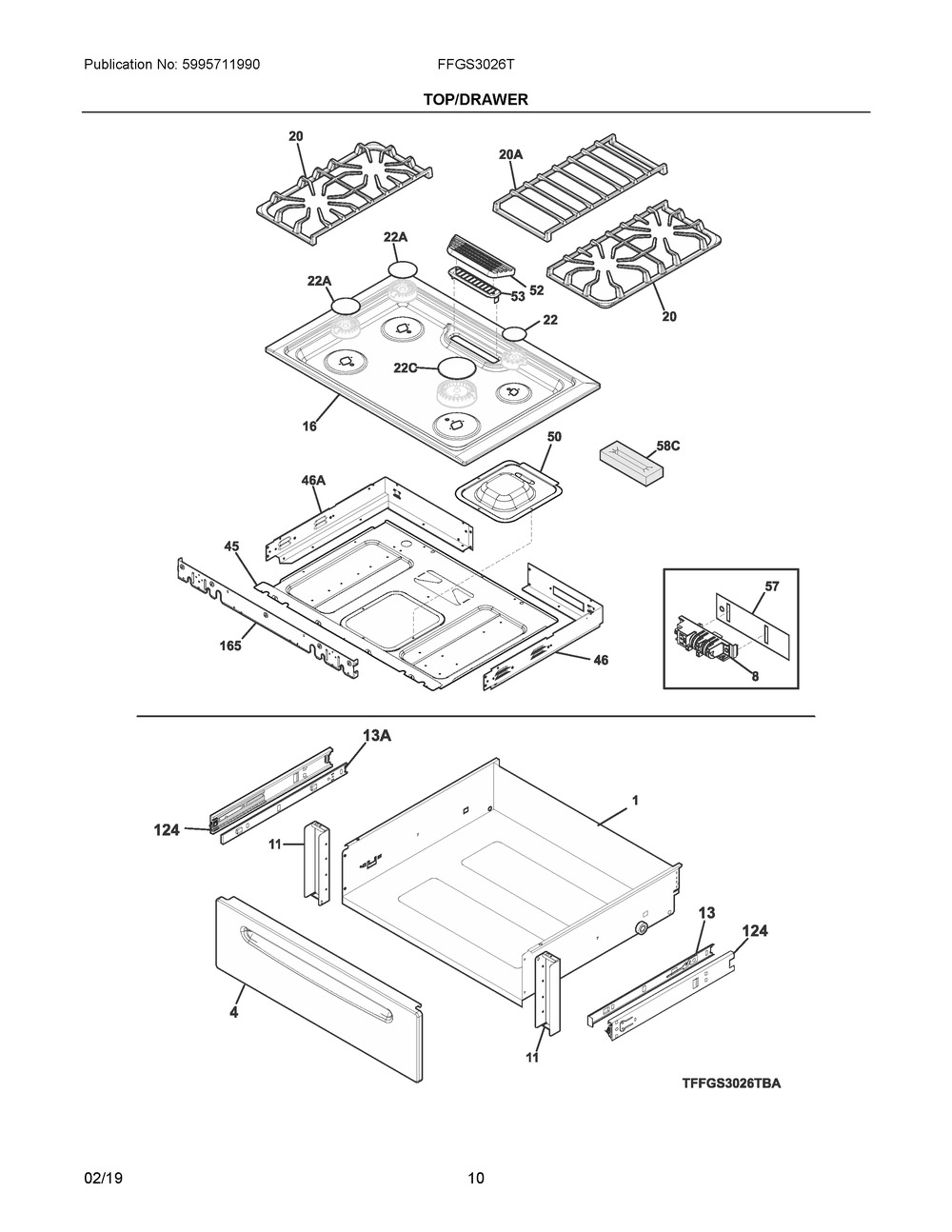 Top/drawer Diagram and Parts List for FFGS3026TBA  Frigidaire Range