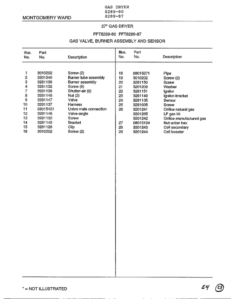 Gas Valve, Burner Assembly And Sensor Page 2 Diagram and Parts List for 8289-87  Frigidaire Dryer
