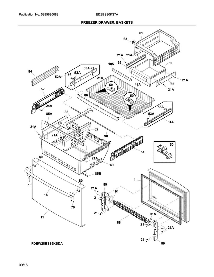 Freezer Drawer, Baskets Diagram and Parts List for EI28BS80KS7A  Electrolux Refrigerator