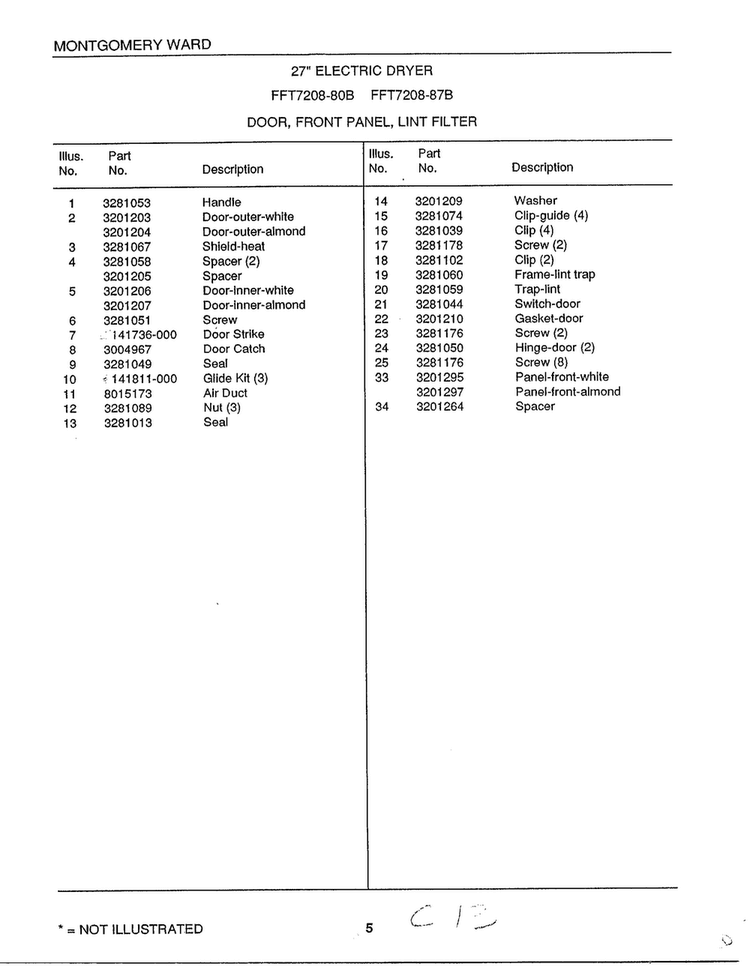 Door/front Panel/lint Filter Page 2 Diagram and Parts List for 7208B  Frigidaire Dryer