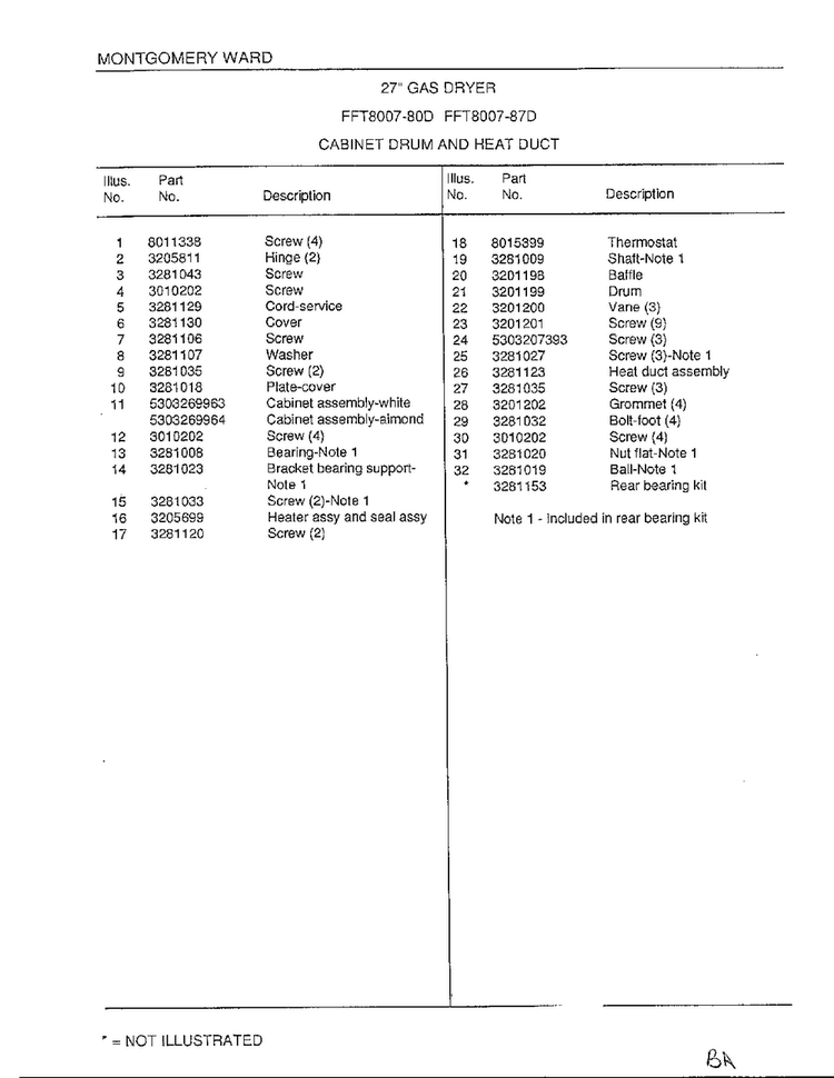 Cabinet Drum/heating Duct Page 2 Diagram and Parts List for 8007-87D  Frigidaire Dryer