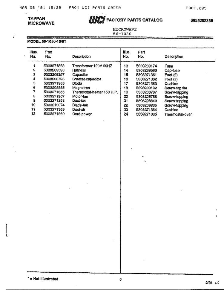 Tappan Microwave Diagram and Parts List for 56-1030  Frigidaire Microwave