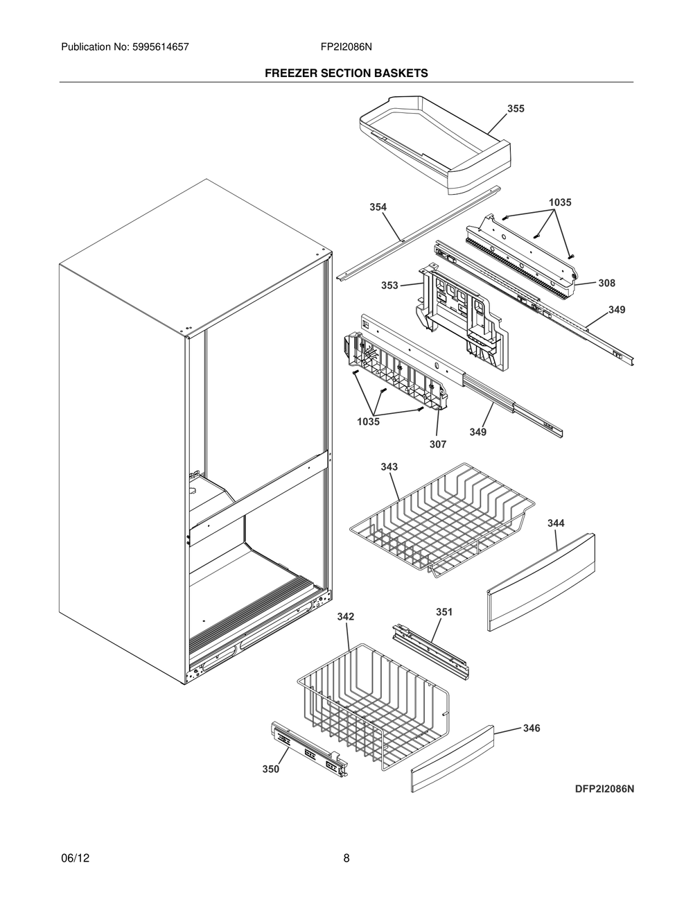 Freezer Section Baskets Diagram and Parts List for FP2I2086NF  Frigidaire Refrigerator