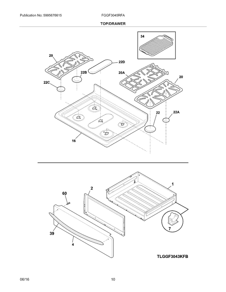 Top/drawer Diagram and Parts List for FGGF3045RFA  Frigidaire Range