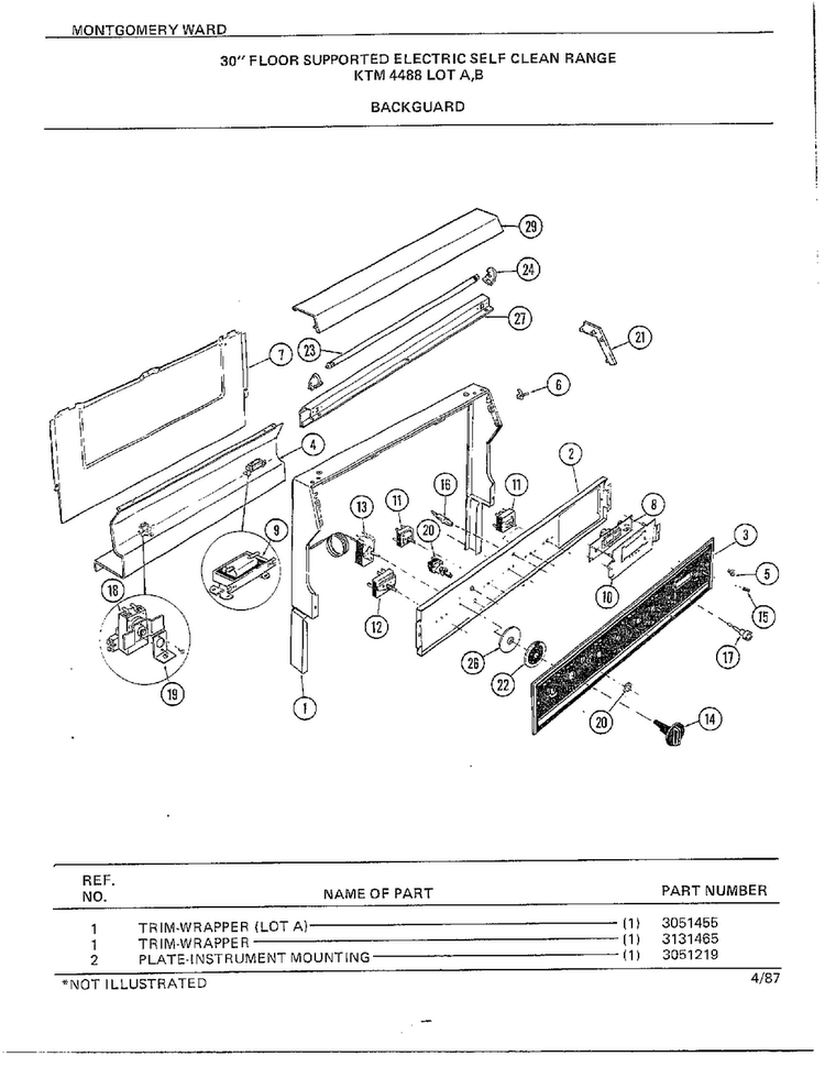 30" Floor/backguard Diagram and Parts List for 4488B  Frigidaire Range