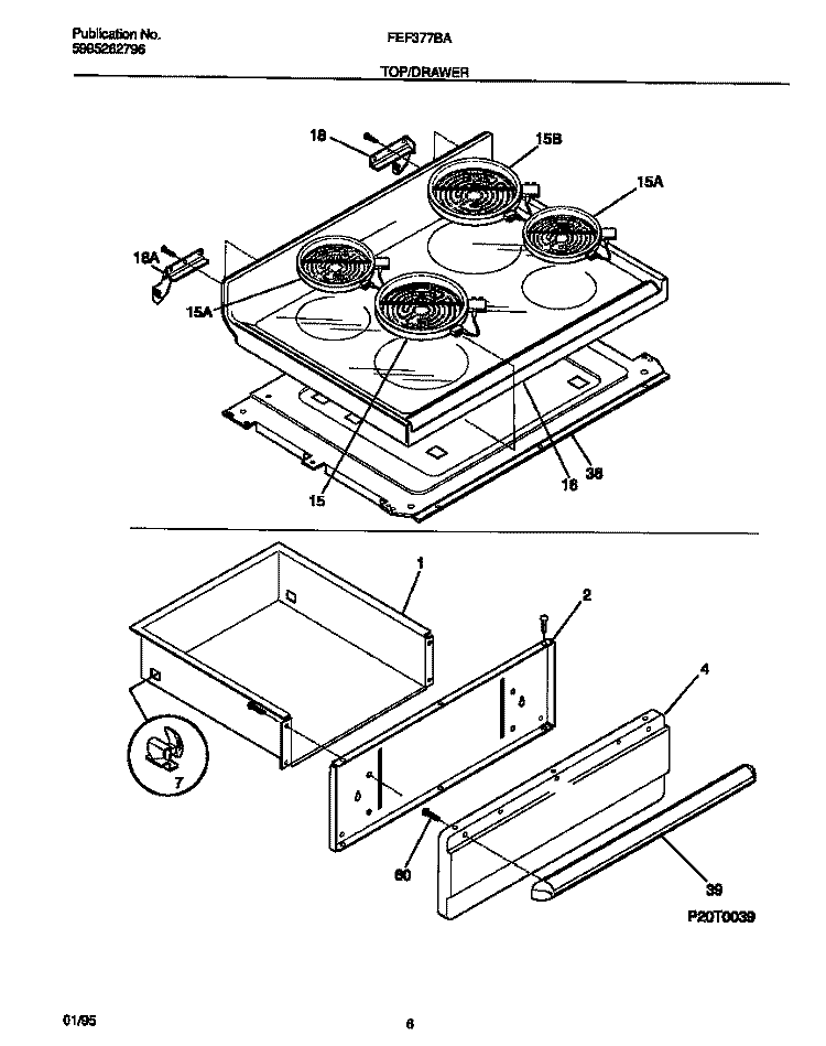 TOP / DRAWER Diagram and Parts List for FEF377BAWB  Frigidaire Range