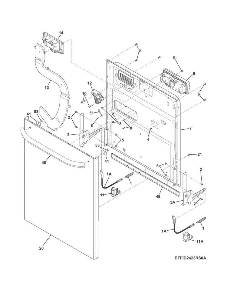Door Diagram and Parts List for LFID2422RF0A  Frigidaire Dishwasher