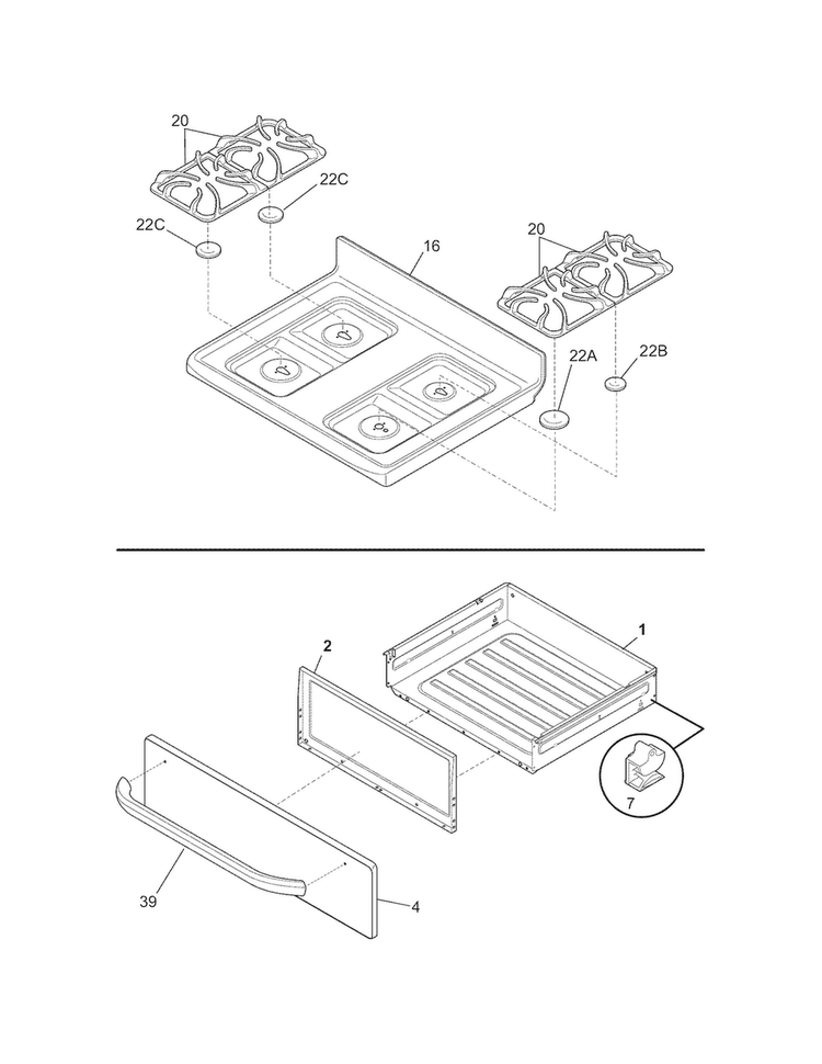 Top/drawer Diagram and Parts List for FFGF3023LSD  Frigidaire Range
