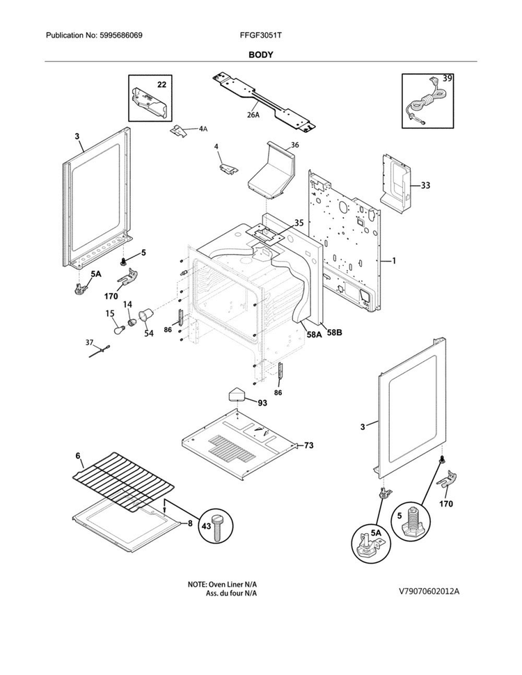 Body Diagram and Parts List for FFGF3051TWA  Frigidaire Range