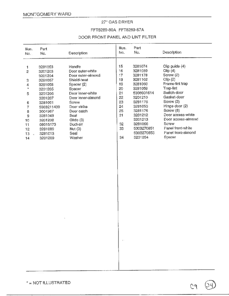 Door Front Panel/lint Filter Page 2 Diagram and Parts List for 8289-80A  Frigidaire Dryer