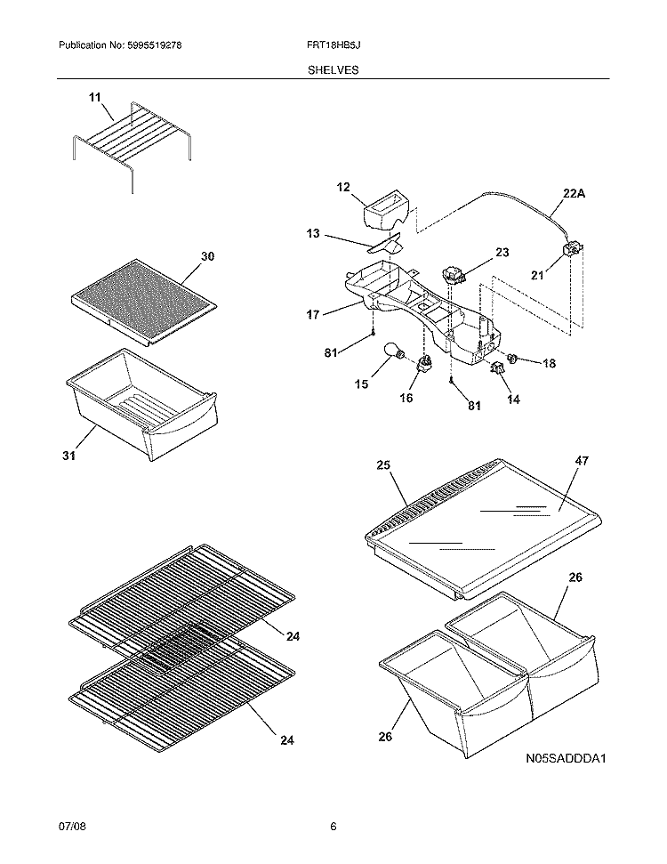 SHELVES Diagram and Parts List for FRT18HB5JW2  Frigidaire Refrigerator