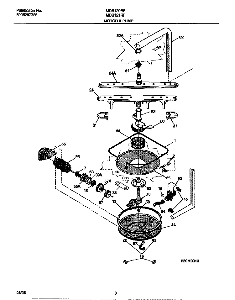 MOTOR & PUMP Diagram and Parts List for MDB120RFM0  Frigidaire Dishwasher