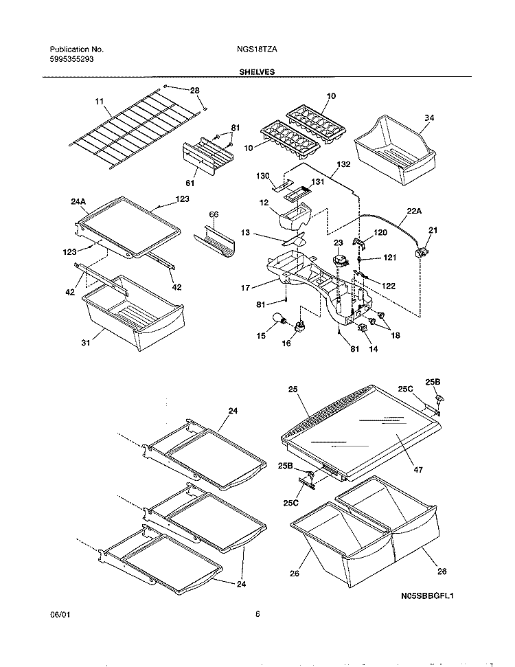 SHELVES Diagram and Parts List for NGS18TZAW0  Frigidaire Refrigerator