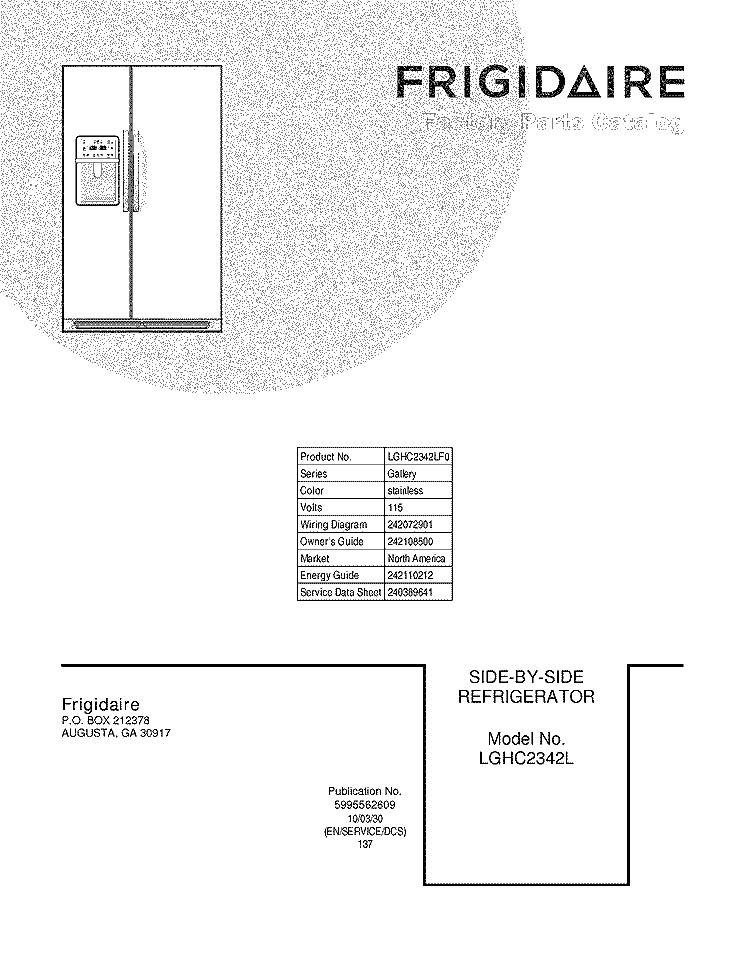 COVER Diagram and Parts List for LGHC2342LF0  Frigidaire Refrigerator