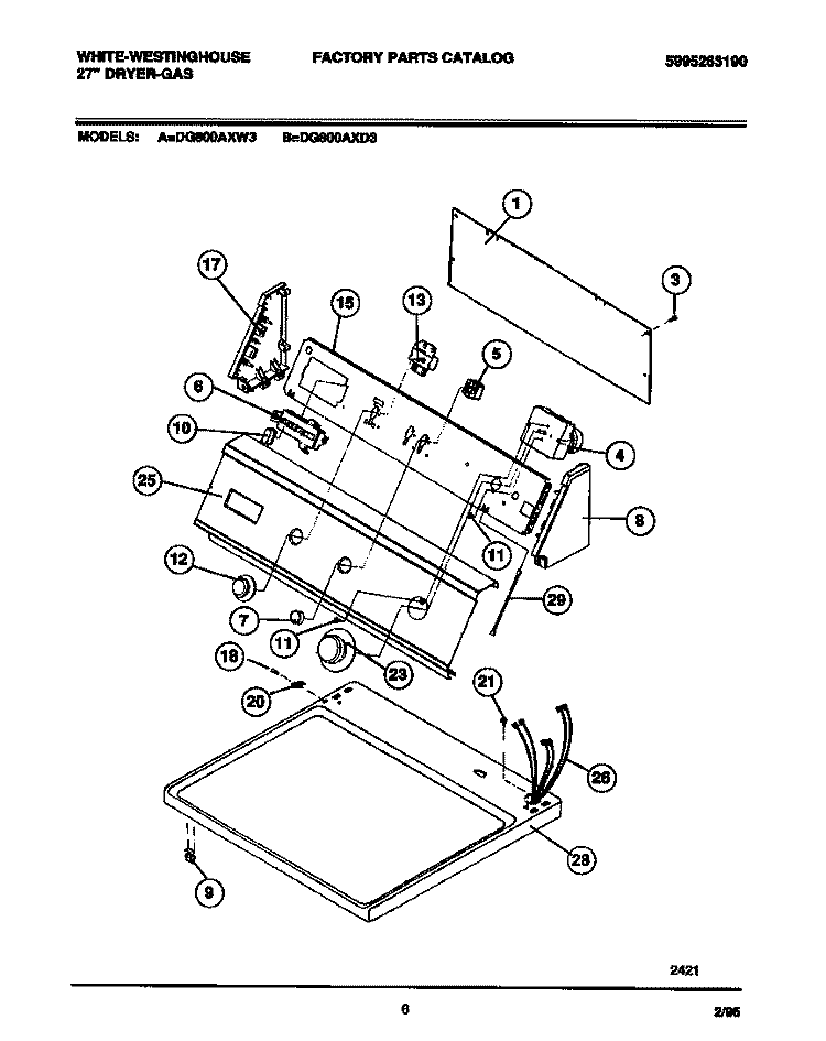 CONSOLE, CONTROLS, TOP PANEL Diagram and Parts List for DG800AXD3  Frigidaire Dryer