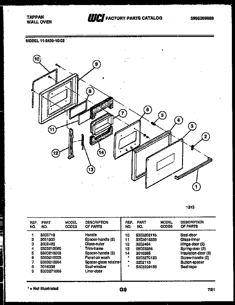 DOOR PARTS Diagram and Parts List for 11-2439-00-03  Tappan Wall Oven