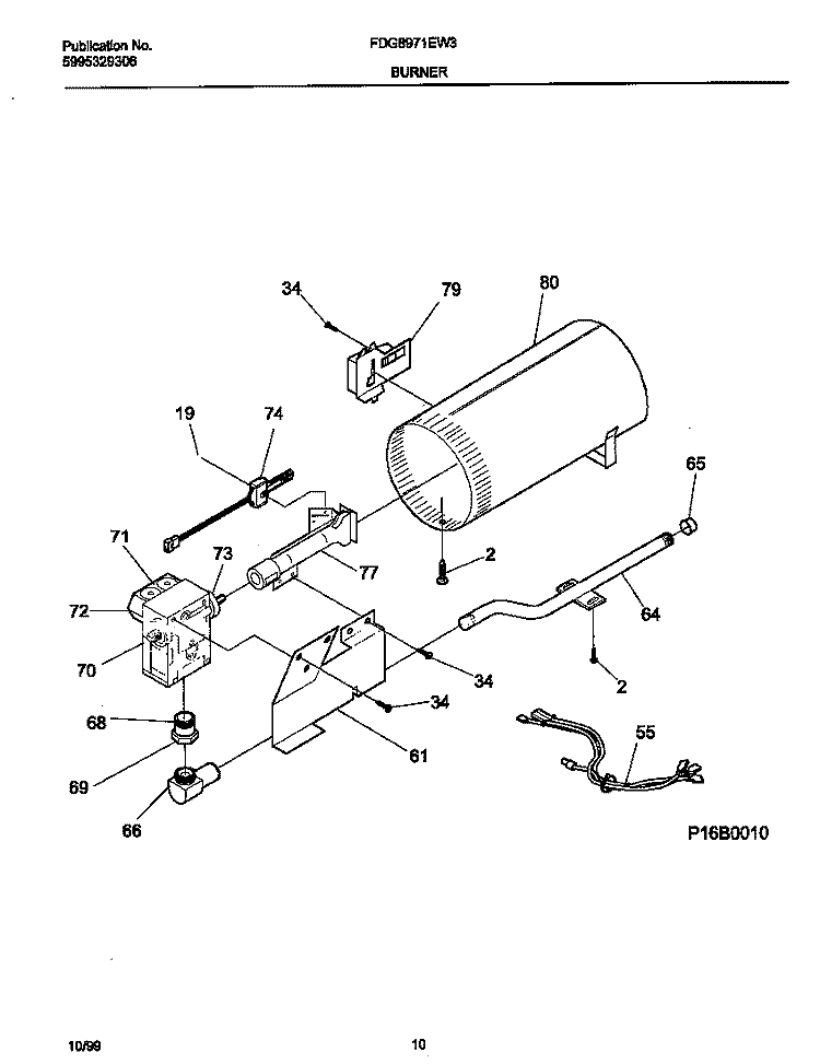 BURNER Diagram and Parts List for FDG8971EW3  Frigidaire Dryer
