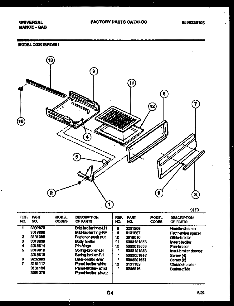 BROILER DRAWER PARTS Diagram and Parts List for CG301SP2Y1  Frigidaire Range