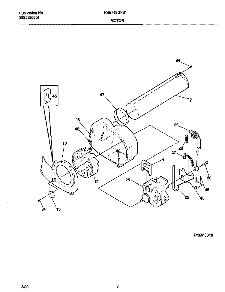 P16M0019 MOTOR, BLOWER Diagram and Parts List for FSE748GFS1  Frigidaire Dryer